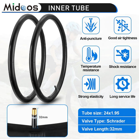 24x1.95 mountain bike tire and tube set with Schrader valve display, showing puncture-proof features and specifications