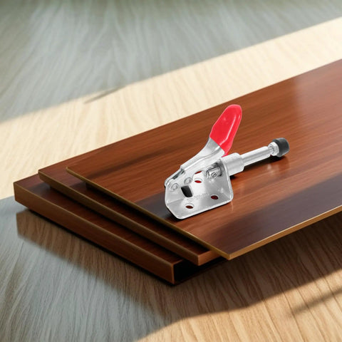 Four Piece Quick Release Horizontal Toggle Clamps For Welding And Woodworking on wooden surface, non-slip grip visible