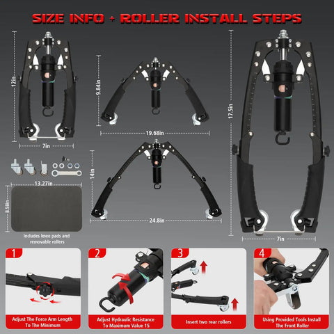 Illustration of Ultra Tough Adjustable Hydraulic Twister Arm Trainer dimensions and assembly steps for effective home gym training.