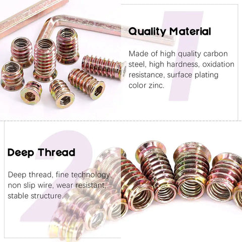 122 Piece Wood Insert Nut Kit Zinc Plated Carbon Steel Hex Socket Threaded Wood Inserts with hex wrench and quality description
