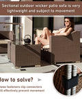 Outdoor wicker patio sofa with modular sofa connector clip preventing movement, showcasing stability and setup.
