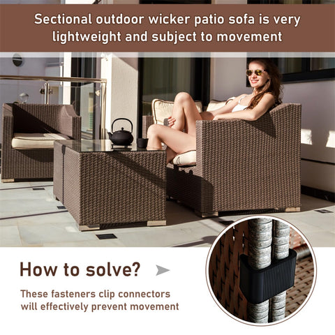 Outdoor wicker patio sofa with modular sofa connector clip preventing movement, showcasing stability and setup.