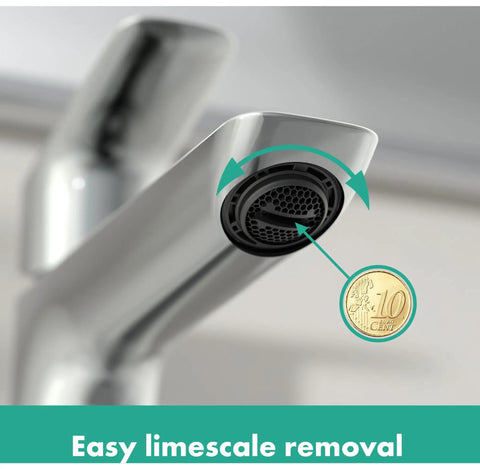 Ultra Sleek Dope 1 Handle Wall Mounted Bathroom Faucet aerator detail for easy limescale removal, chrome finish