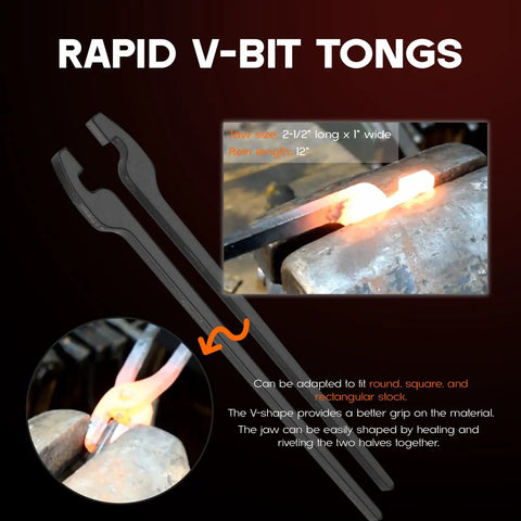 Newbie Blacksmith Tongs Kit With Five Types For Forge Work Include Bolt Tongs Flat Jaw Tongs Slot Jaw Tongs V Bit Tongs And Scroll Tongs Rivet Ready Forging Blanks For DIY Metalwork Projects showing Rapid V-Bit Tongs in use