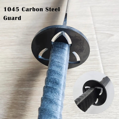 Full Tang Carbon Steel Machete Sword With Leather Sheath, close-up of 1045 steel guard detail, blade, and handle view
