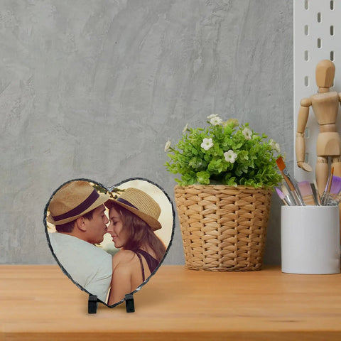 Heart Shaped Sublimation Slate Blank 7.9x7.9 Inch Rock Slate with Display Holder on desk for heat press printing.