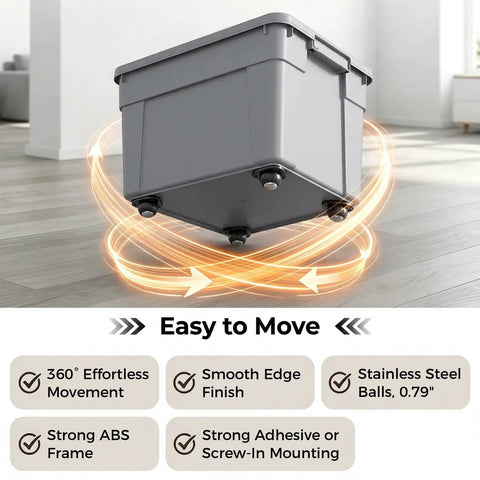 Top Shelf Heavy Duty Self Adhesive Caster Wheels Four Pack With Slick Rolling Three Sixty Swivel Action No Drill Industrial Strength Peel And Stick Mount For Furniture Cabinets And Storage Boxes Black on storage box.