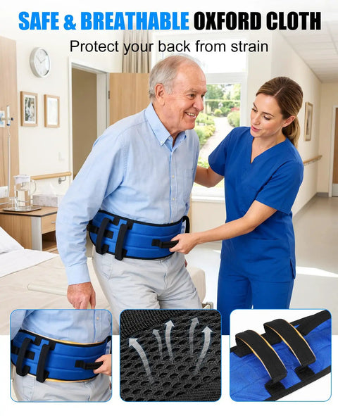 Caregiver helping man with 7 Handle Gait Belt For Seniors 59 Inch With No Slip Padding For Easy Grip Quick Release Buckle 360 Degree Control Safe Transfer Aid For Standing And Caregiver Assistance.