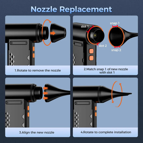 Nozzle replacement guide for Beast Mode 150000 RPM Cordless Air Duster With LED Display And Light 4 Gear Adjustable Turbo Blower