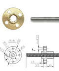 Two 200mm Tr8X2 Lead Screws With T8 Brass Nuts For Your 3D Printer Z Axis Upgrade, Acme Thread, SUS304, technical drawing