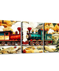 Dope Vintage Train Canvas Wall Art Set 12x16 Inches Each 3 Pieces For Living Room And Bedroom Steam Engine Railway Decor With Woodland Trees Retro Locomotive Painting. Colorful retro steam train on tracks amidst vibrant autumn woodland presented in three-panel canvas art.