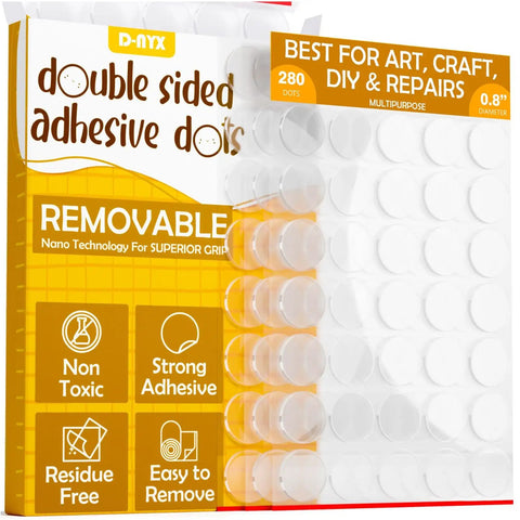 Double sided adhesive dots with packaging showing 280 removable dots for art, craft, DIY and repairs, non-toxic and easy to remove.