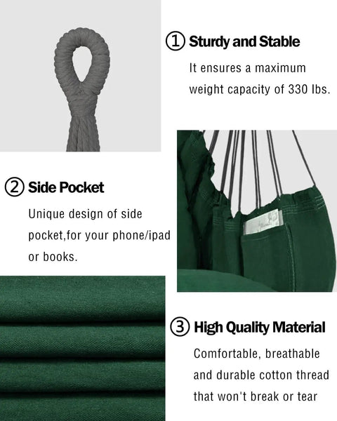 Close-up of dark green cotton hammock chair with sturdy rope, pocket feature, highlighting 330 lb capacity. Two Cushions Included Hammock Chair With Soft Cotton Handwoven Fabric Indoor Outdoor Hanging Rope Swing For Bedroom Porch Patio Super Comfy Sturdy And Durable Lounge Chair.
