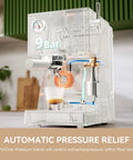 OPV Espresso Machine With Milk Frother Steam Wand, 20 Bar Max Pressure, Dual Display, 58mm Portafilter, Stainless Steel White Finish, Barista Grade At Home For Espresso, Latte, Cappuccino, showing internal mechanisms.