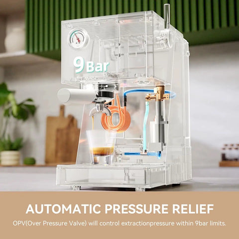 OPV Espresso Machine With Milk Frother Steam Wand, 20 Bar Max Pressure, Dual Display, 58mm Portafilter, Stainless Steel White Finish, Barista Grade At Home For Espresso, Latte, Cappuccino, showing internal mechanisms.