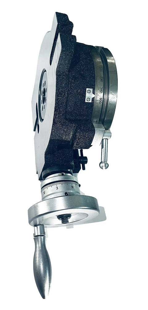 Side view of the 3 Slot 6 Inch Rotary Table With Double Bolt Tailstock And Steel Dividing Plates Set for milling machines.