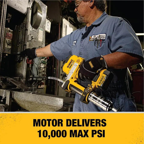 Technician using 20V Max Cordless Grease Gun Kit With 4.0Ah Battery and Charger in industrial setting.