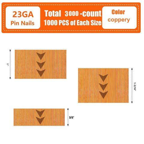 Three Size 23 Gauge Pinner Nails Set For Pneumatic Or Electric Pin Nailer Copper Plated Steel Corrosion Resistant 3000 Count