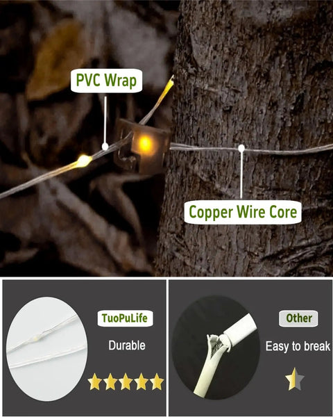 Close-up of All In One Solar Camping Lantern And String Lights With 150 Warm White LEDs showing copper wire core and PVC wrap