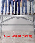 Adjustable Steel Scaffolding Ladder Workbench Built Like A Tank With 800 Lbs Load Capacity And Non Slip Pads For Heavy Duty Construction DIY Projects Converts To Rugged Portable Scaffold Platform with people standing on it.