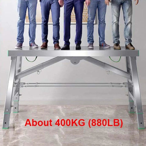 Adjustable Steel Scaffolding Ladder Workbench Built Like A Tank With 800 Lbs Load Capacity And Non Slip Pads For Heavy Duty Construction DIY Projects Converts To Rugged Portable Scaffold Platform with people standing on it.