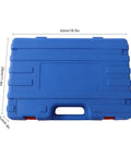 Blue carrying case for Workhorse Rebar Tie Gun 30 Mm To 60 Mm Cordless Tying Tool with handle, dimensions shown.