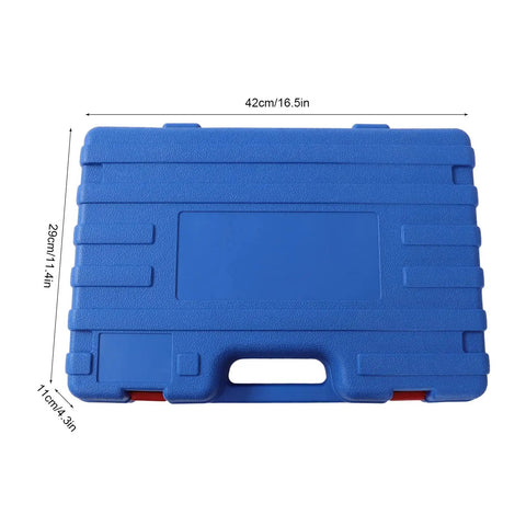 Blue carrying case for Workhorse Rebar Tie Gun 30 Mm To 60 Mm Cordless Tying Tool with handle, dimensions shown.