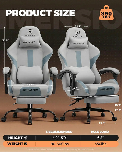Comfy Gaming Chair With Foot Rest And Pocket Spring Cushion, Ergonomic High Back Desk Chair size comparison, Mist Blue.