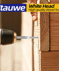 Big Time Grip Flat Head Wood Screws Size Eight By One Half Inch With Crisp White Painted Cap 304 Stainless Steel Mix For rust free action being drilled into wood.