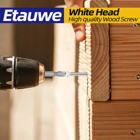Big Time Grip Flat Head Wood Screws Size Eight By One Half Inch With Crisp White Painted Cap 304 Stainless Steel Mix For rust free action being drilled into wood.