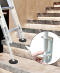 Ladder on stairs with inset of Heavy Duty Ladder Leveler Set Of 4 with engraved anti-slip pattern on steel poles.