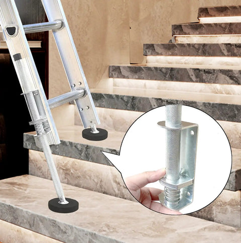 Ladder on stairs with inset of Heavy Duty Ladder Leveler Set Of 4 with engraved anti-slip pattern on steel poles.