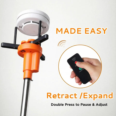 Zero Sweat Electric Smoke Detector Swap Tool Featuring Radio Controlled Expandable Silicone Grips and Adjustable Telescoping Handle for Ceiling Mounted Fire Safety Device Replacement in action with remote and ceiling unit.