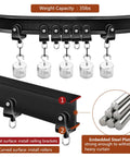 10-Foot Flexible Black Curtain Track System With Bendable Curved Rail For Ceiling Or Wall Mount, Sliding Track For Bay Window RV Room Dividers, Includes Brackets And Easy Fuss Installation. Black curtain track with 35 lbs capacity and mounting brackets.