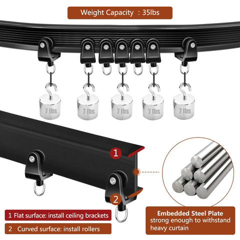 10-Foot Flexible Black Curtain Track System With Bendable Curved Rail For Ceiling Or Wall Mount, Sliding Track For Bay Window RV Room Dividers, Includes Brackets And Easy Fuss Installation. Black curtain track with 35 lbs capacity and mounting brackets.