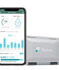 Smart Home Water Monitor And Leak Detector With WiFi Connectivity, Real Time Usage Tracking, Alerts, No Fuss Setup, And Broad Compatibility With Most Residential Water Meters For Android And iOS. white sensor and app screen