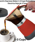 Red Electric Espresso Maker For 1 To 3 Cups With Transparent Carafe pouring coffee into cup
