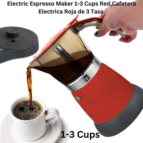 Red Electric Espresso Maker For 1 To 3 Cups With Transparent Carafe pouring coffee into cup