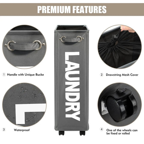 Slim Laundry Basket On Wheels With Grab-and-Go Handle, Collapsible Rolling Hamper with 600D Oxford lining, premium features