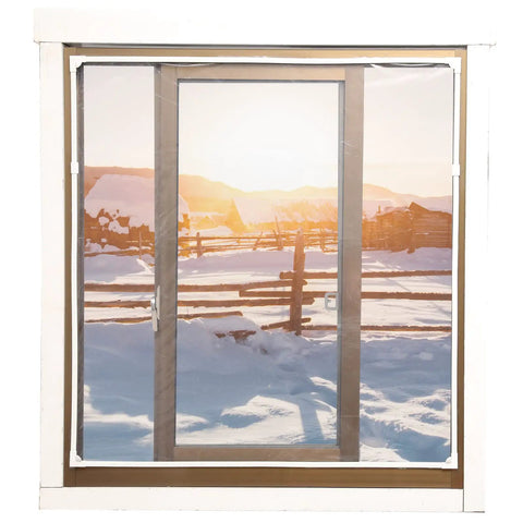 Magnetic Window Insulation Kit With Transparent Film And White Frame Up To 61 By 59 Inches in snowy landscape setting