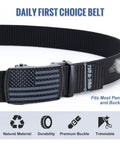 Mens Black Ratchet Belt Nylon Tactical Belt With Automatic Slide Buckle For Everyday Casual Wear And Golf Heavy Duty Web Belt With Scratch Resistant Zinc Alloy Buckle Adjustable Small Size, featuring US flag design on buckle.