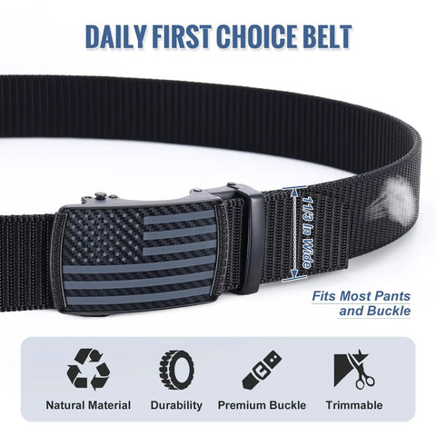 Mens Black Ratchet Belt Nylon Tactical Belt With Automatic Slide Buckle For Everyday Casual Wear And Golf Heavy Duty Web Belt With Scratch Resistant Zinc Alloy Buckle Adjustable Small Size, featuring US flag design on buckle.