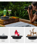 Zlmondee Remote Controlled Motorized Rotating Display Stand Turntable with beverages and models showcasing sizes 14.6cm, 18cm, and 22cm.