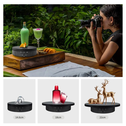 Zlmondee Remote Controlled Motorized Rotating Display Stand Turntable with beverages and models showcasing sizes 14.6cm, 18cm, and 22cm.