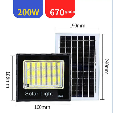 JUDYSSY Solar Garden Outdoor Lights 200W with solar panel, IP67 waterproof, dimensions 190mm x 240mm, black color.