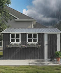 12x10 Ft Outdoor Metal Storage Shed With 3 Clear Windows, Flower Rack, Lockable Single Door in backyard, grey