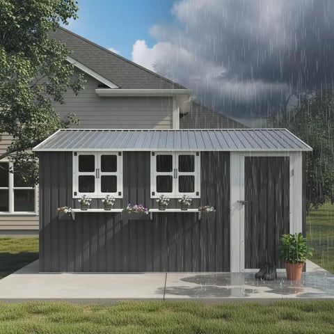 12x10 Ft Outdoor Metal Storage Shed With 3 Clear Windows, Flower Rack, Lockable Single Door in backyard, grey