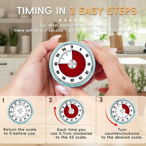 Hands holding Go To Visual Kitchen Timer for Cooking 0-60 Minutes, Mechanical Magnetic Timer with Loud Alarm, Blue, in a kitchen setting.