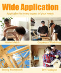 Image showing four woodworking scenarios: home assembly, carpentry workshop, strong framework construction, and hobbyist DIY project.
