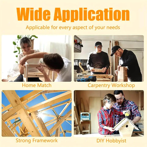 Image showing four woodworking scenarios: home assembly, carpentry workshop, strong framework construction, and hobbyist DIY project.